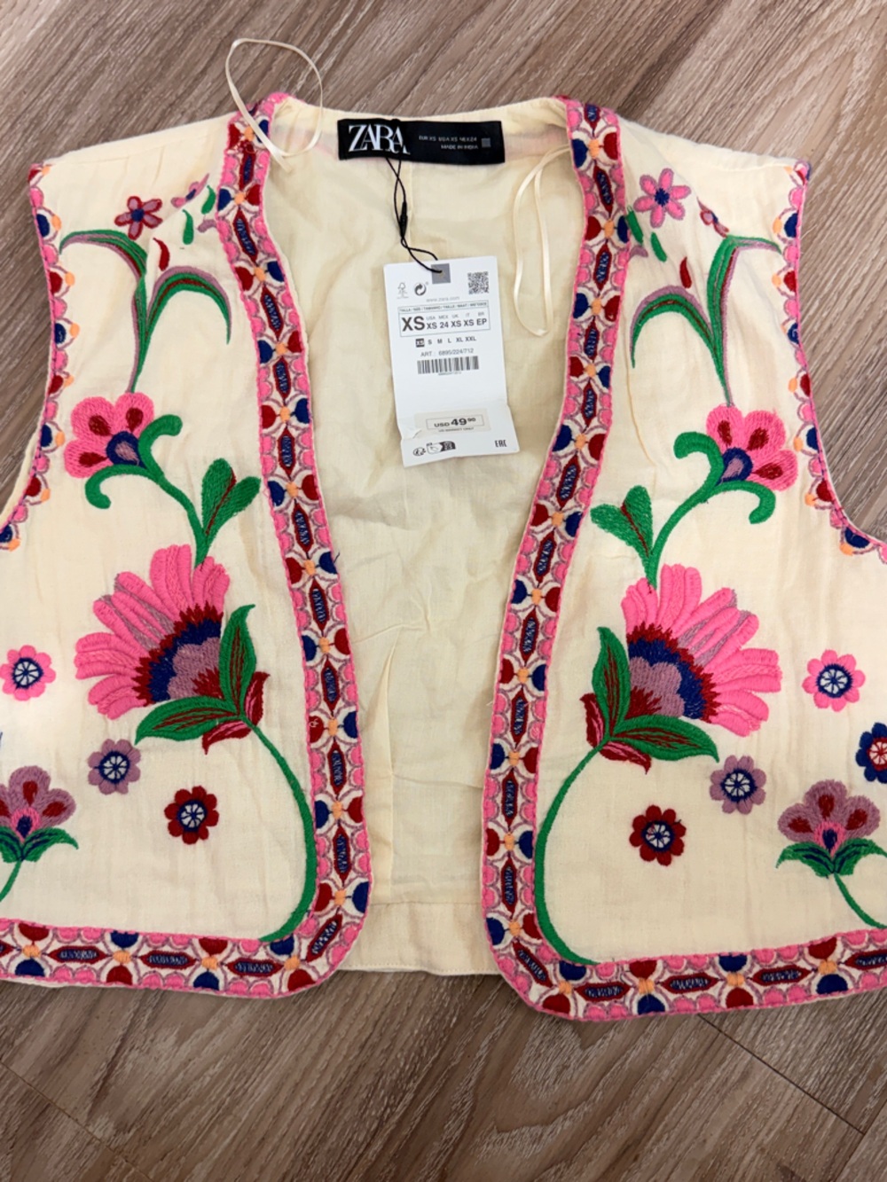 Zara Cream Embroidered Vest with Pink, Green & Navy Accents